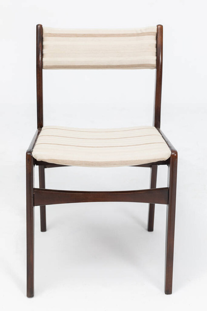Wooden chair from turn of 70s and 80s from previous century with soft seat and back. Polish design and production. Front view - Fotoğraf, Görsel