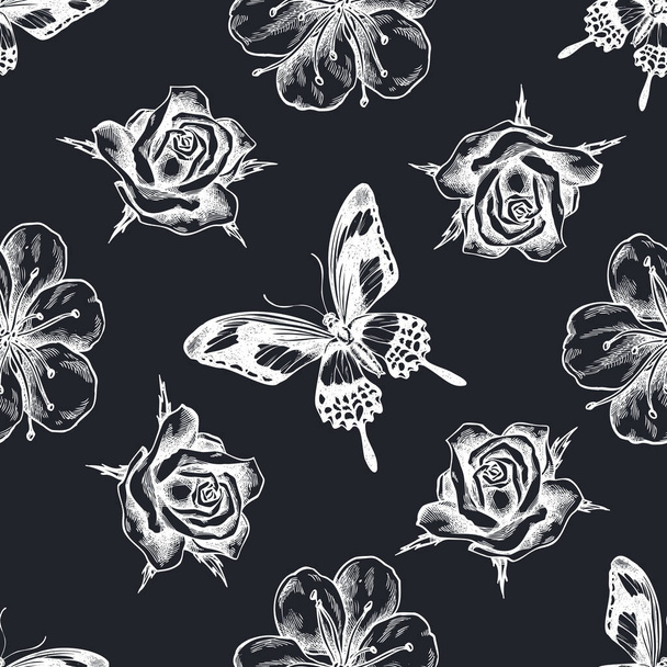 Seamless pattern with hand drawn chalk sakura, papilio torquatus, roses - Διάνυσμα, εικόνα