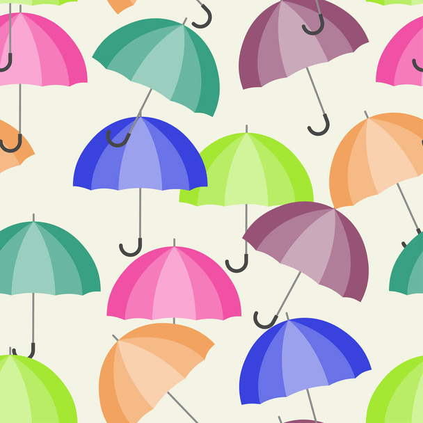 Ein nahtloses Muster mit bunten, offenen Schirmen mit gelbem Speck - Vektor, Bild