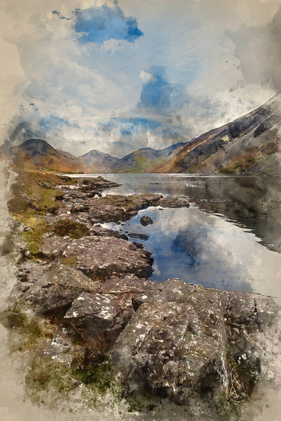 Aquarelle de paysages magnifiques de Wast Water et Lake District Peaks le jour de l'été reflétée dans le lac parfait - Photo, image