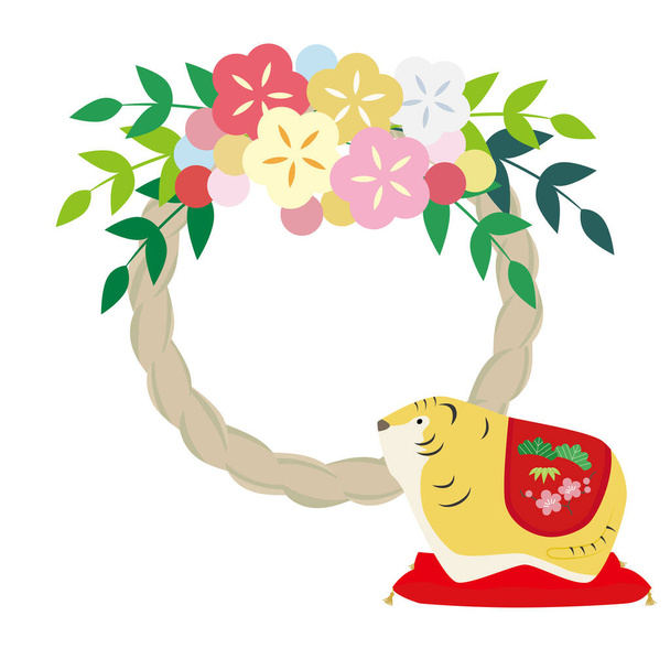 Ilustración para la tarjeta de Año Nuevo de una muñeca tigre y un shimekazari. - Vector, imagen