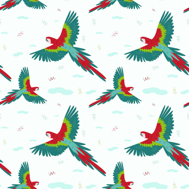 熱帯の空飛ぶマカウのシームレスなパターン。エキゾチックな鳥。ベクトル - ベクター画像