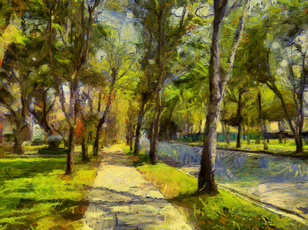 Parque paisaje Ilustraciones crea un estilo impresionista de la pintura. - Foto, Imagen