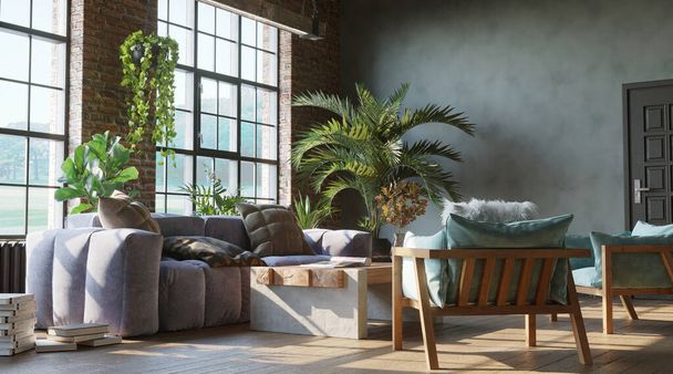  Elegante soggiorno con muro di mattoni. Loft, stile industriale, rendering 3d - Foto, immagini