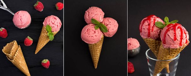 Коллаж клубничного мороженого в вафельном конусе на черном фоне - Фото, изображение