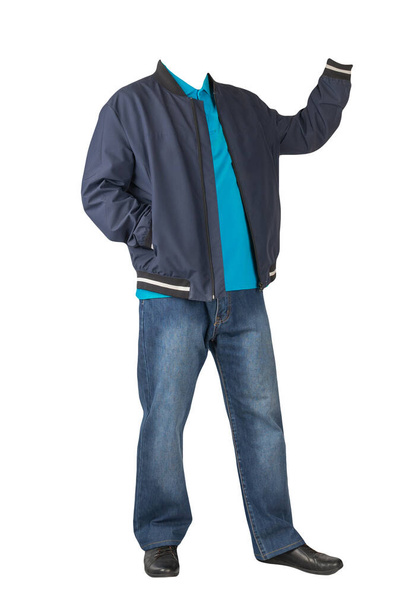 dark blue jeans,blue t-shirt with a collar on buttons,dark blue bomber jacket and black leather shoes  isolated on white background  - Photo, Image