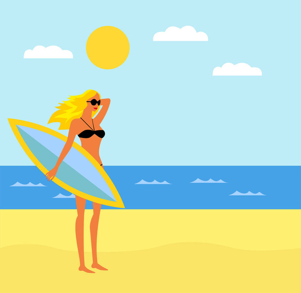 surfista con tavola da surf sulla spiaggia, illustrazione vettoriale - Vettoriali, immagini