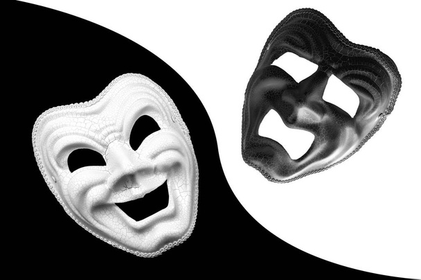 Yin és Yang, dualizmus és hangulatváltozások jellemző mániás depresszió koncepció téma monokróm fénykép tragédia és komédia színház maszkok elszigetelt fekete-fehér háttér - Fotó, kép