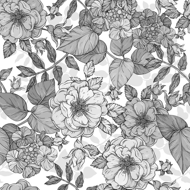 Black and white summer floral seamless pattern with roses - Vetor, Imagem