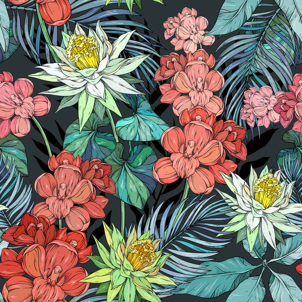 Seamless background with floral elemants, orchid flowers and tropical plants on black background - Vecteur, image