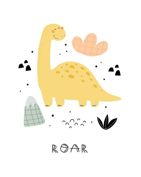 cartoon dinosaur, hand drawing lettering, dcor elements. colorful vector illustration for kids, flat style. baby design for cards, print, posters, logo, cover - Vector, Imagen