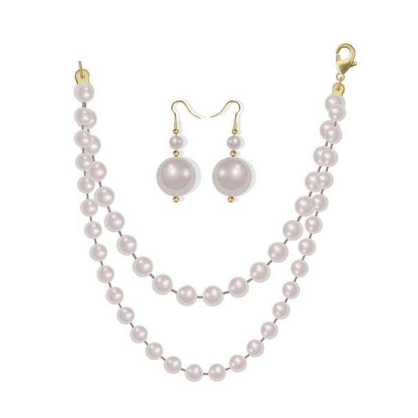 Perlové korálky a perlové náušnice na bílém pozadí, vzácné šperky, vektorový formát - Vektor, obrázek