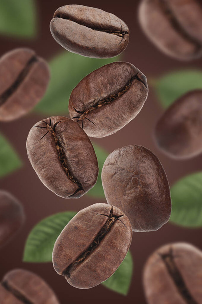 grains de café tombant avec des feuilles sur fond brun. Gros plan - Photo, image