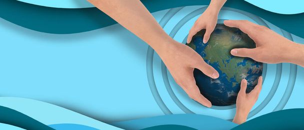 Happy Earth Day,22 April and concept of hands and caring for world from the cooperation of people on blue Background. Copy space, website, inspiration, poster, Card -3d Rendering - Photo, Image