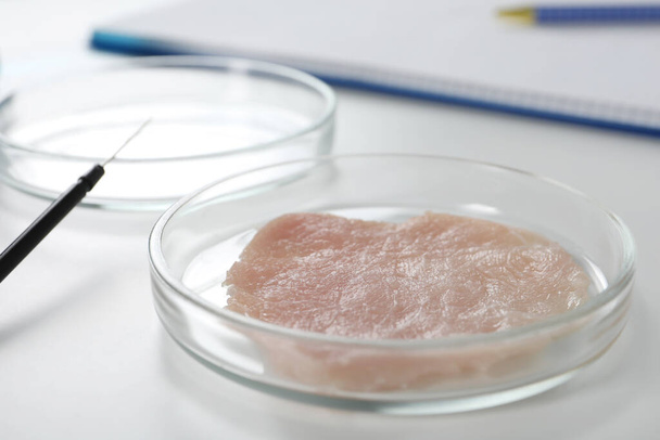 Petri dish with piece of raw cultured meat on white table, closeup - Fotografie, Obrázek