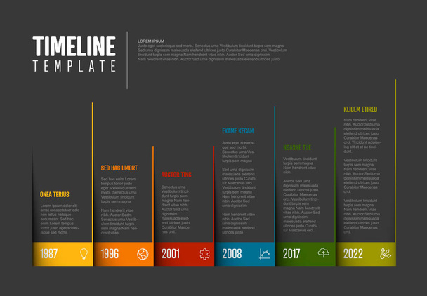 Вектор Темна інфографічна компанія Віхи барвисті часові лінії Шаблон зроблений з кутів сторінок з кольоровою рамкою та піктограмами. Барвиста часова лінія з роками
  - Вектор, зображення