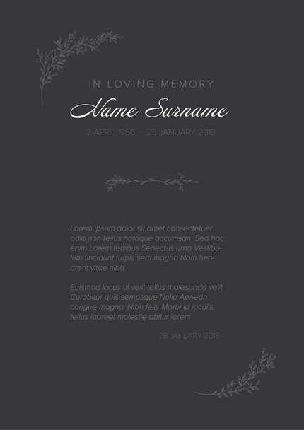 Pohřební kondolence oznámení smrti šablona s ručně kreslené květinové prvky - tmavě a šedá verze. Jednoduchá kondolence pohřební průkazka se vzorovým obsahem textu. Luxusní kondolenční zpráva - Vektor, obrázek