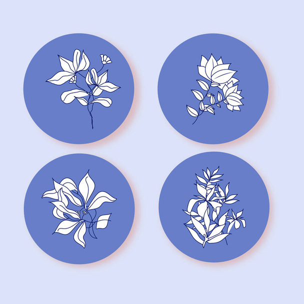 Round Floral Frame Set In Blue And White Color. - Вектор,изображение