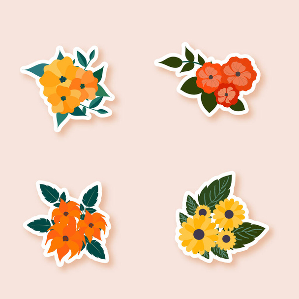 Sticker Style Flower With Leaves Set On Pastel Peach Background. - Вектор,изображение