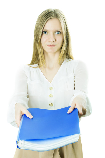 η κυρία επιχείρηση κατέχει ένα μπλε φάκελο στο χέρι - Φωτογραφία, εικόνα
