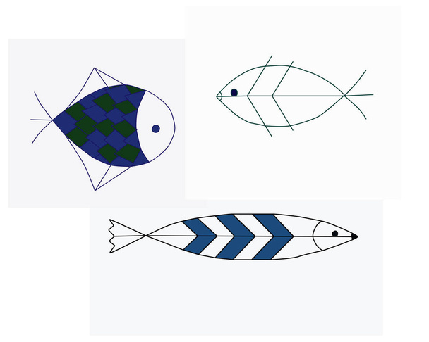  Set of sea fish. Linear vector illustration, Doodle - Vetor, Imagem