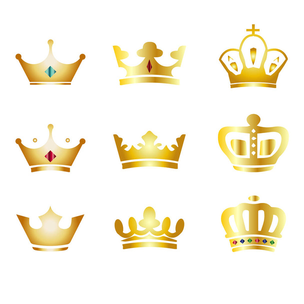 Kultainen kuninkaallinen kruunu kuvake asetettu. Kruunut jalokivillä, timanteilla. Kuningas Corona design elementtejä. Prinssi, prinsessa Diadem eristetty valkoisella taustalla. - Vektori, kuva