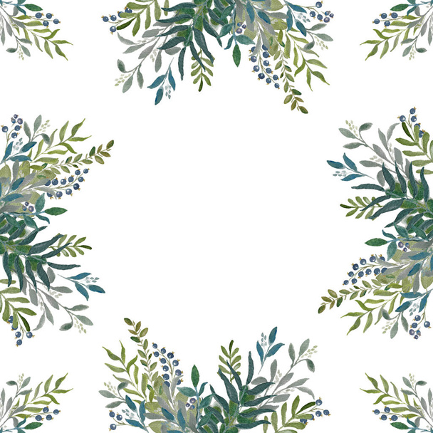 Um modelo de um cartão postal com uma aquarela folhas verdes nos ramos. Modelo de convite de casamento. Arranjo quadrado. Verdura - Foto, Imagem