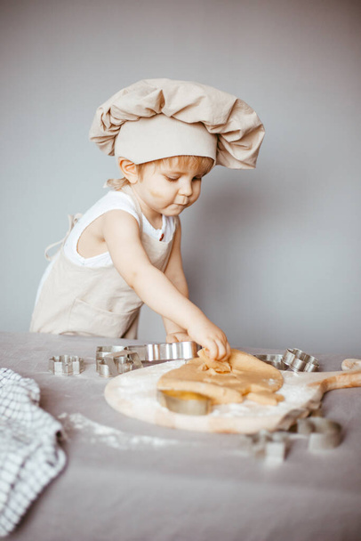 Portrait of a little cook kneading dough in an apron and a chef's hat. Cooking children's lifestyle concept - Photo, image