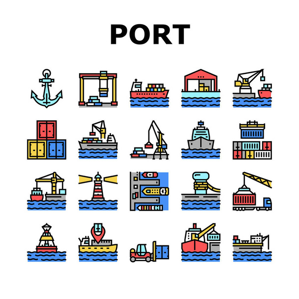 Container Port Tool Sammlung Symbole Set Vektor - Vektor, Bild