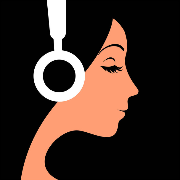 La fille écoute de la musique avec des écouteurs. Visage de profil. Illustration vectorielle plate sur fond noir - Vecteur, image