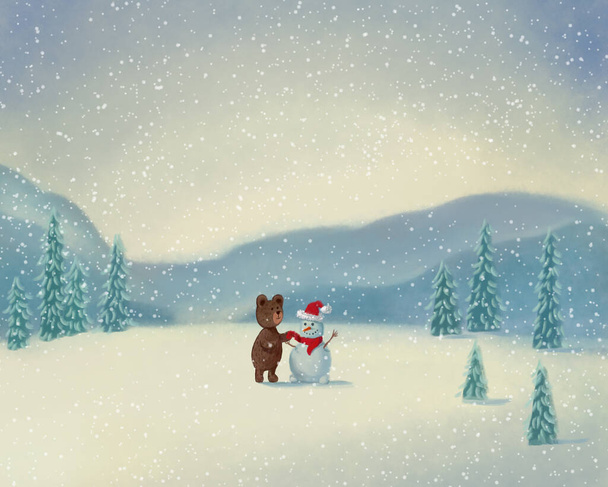 мальований вручну приголомшливий зимовий пейзаж з сосновими деревами, горами, снігопадами і ведмедем, який одягає сніговика
 - Фото, зображення