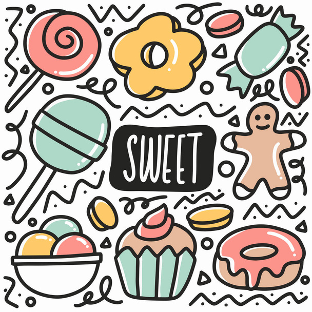sweet food doodle set with icons and design elements - Vetor, Imagem