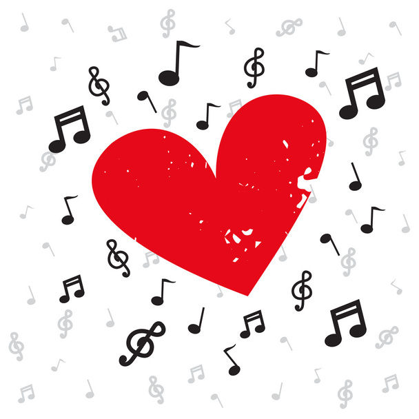 Decoration of musical notes with red heart grunge and background music - Vecteur, image