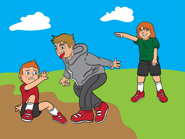 Illustration einer Zeichnung von ungezogenen Kindern, die ein Kind auf einem Feld für ein Kinderbuch mobben - Vektor, Bild
