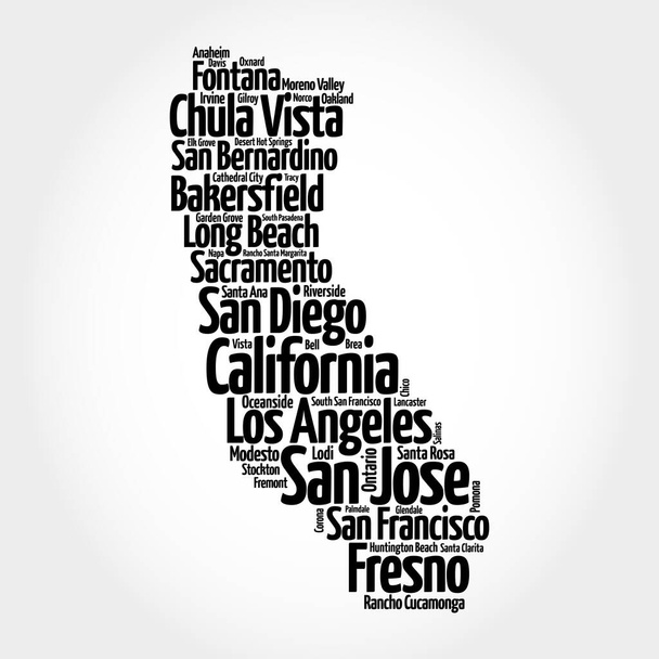 Lijst van steden in Californië VS staat, kaart silhouet woord wolk kaart concept - Foto, afbeelding