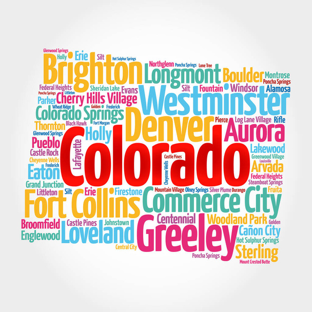 Seznam měst v Coloradu Spojené státy americké, mapa silueta slovo oblak mapa koncept pozadí - Fotografie, Obrázek
