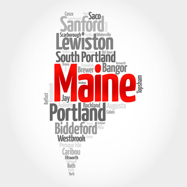 Liste der Städte und Gemeinden im US-Bundesstaat Maine, Kartensilhouette Wort Wolke Karte Konzept Hintergrund - Foto, Bild