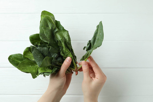 Female hands hold fresh spinach on white wooden background - Photo, Image