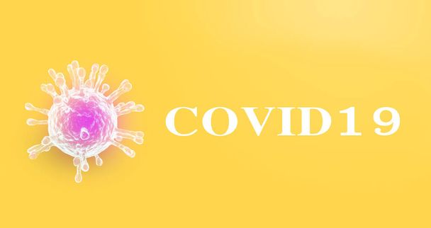 黄色の背景に碑文COVID-19 。世界保健機関(WHO)は、 COVID-19という名前のコロナウイルス病の新しい正式名称を導入しました。3Dイラスト - 写真・画像