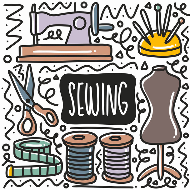hand drawn sewing equipment doodle set - Vektör, Görsel