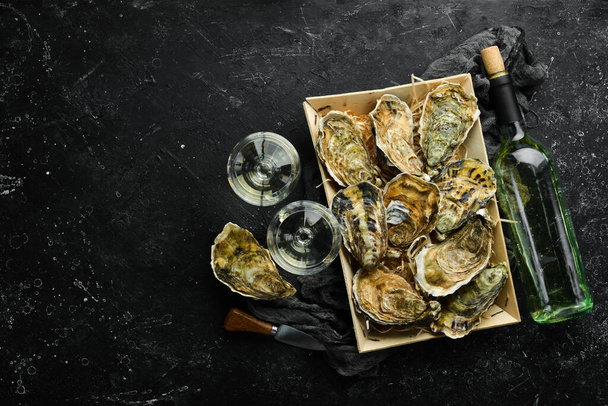 Closed fresh oysters and white wine in glasses on a stone background. Free space for your text. Seafood. Flat lay. - Photo, image