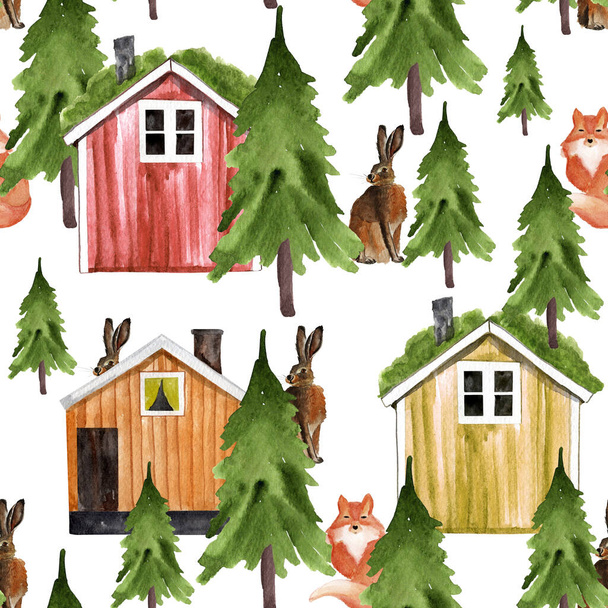 Скандинавские дома в лесу акварелью бесшовный узор. Шаблон для оформления дизайнов и иллюстраций. - Фото, изображение