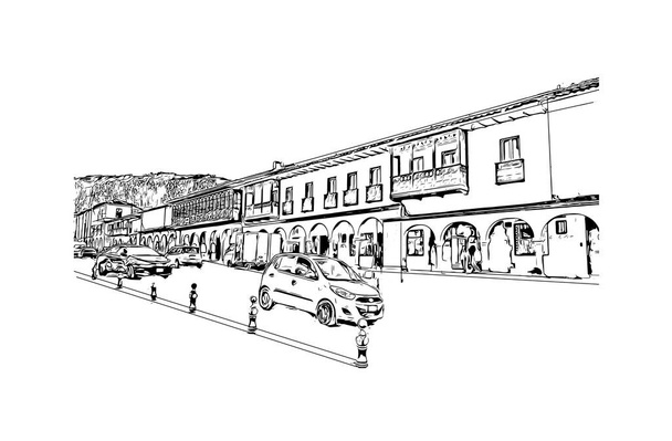 Print Building view with landmark of Cusco is the city in Peru. Hand drawn sketch illustration in vector. - Vektor, kép