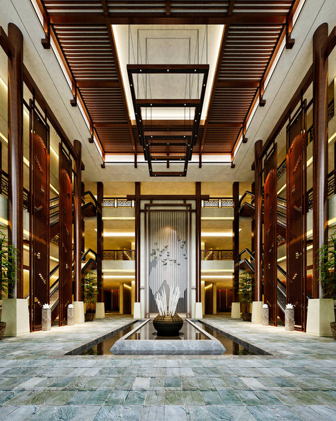 3D-Darstellung der Hotelrezeption und Lobby - Foto, Bild