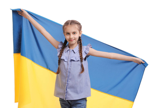 Happy girl with flag of Ukraine on white background - Foto, afbeelding