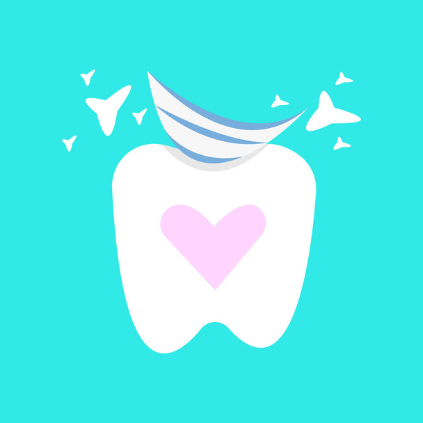 sauberer weißer Zahn mit herzförmigem Muster und Zahnpasta-Objekt auf blauem Hintergrund - Vektor, Bild