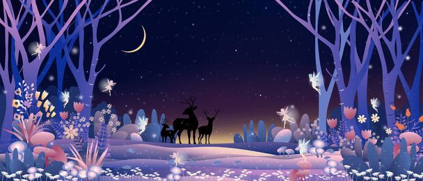 Fantasy cute little fairies flying and playing with reindeers family in magic forest at Christmas night,Vector illustration landscape of Winter wonderland.Fairytale background for bed time story cover - Vector, Image