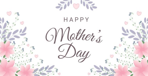 Boldog anyák napját üdvözlő kártya virágokkal és szívekkel. Tökéletes üdvözlő kártyák, weboldalak, bannerek vagy címkék. Vektorillusztráció. - Vektor, kép