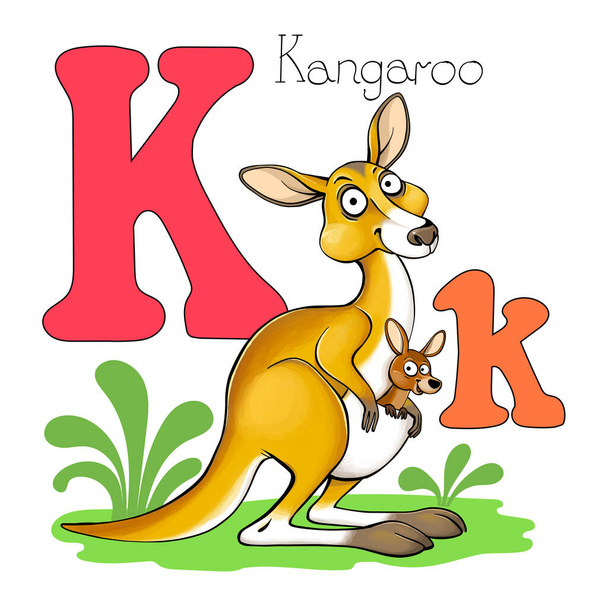Illustrazione vettoriale. Alfabeto con animali. Grande lettera K maiuscola con l'immagine di un canguro luminoso e carino. - Vettoriali, immagini