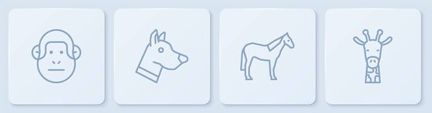 Set line Monkey, Horse, Dog head and Giraffe. White square button. Vector. - Vector, Image